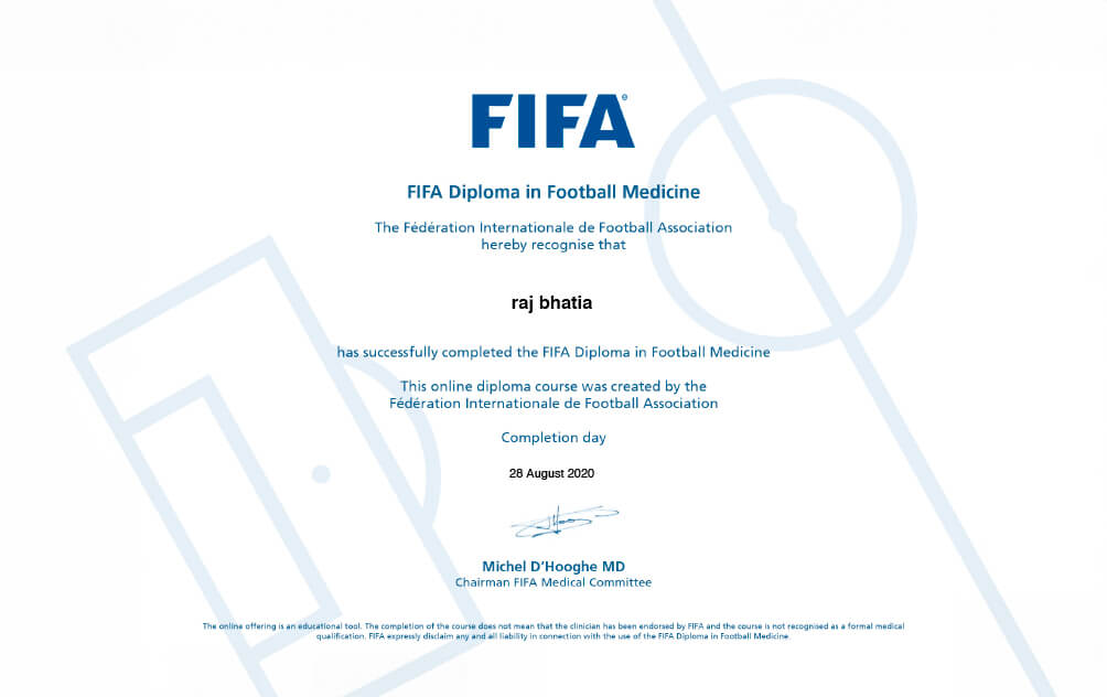 FIFA Diploma in Football Medicine awarded to Mr Raj Bhatia